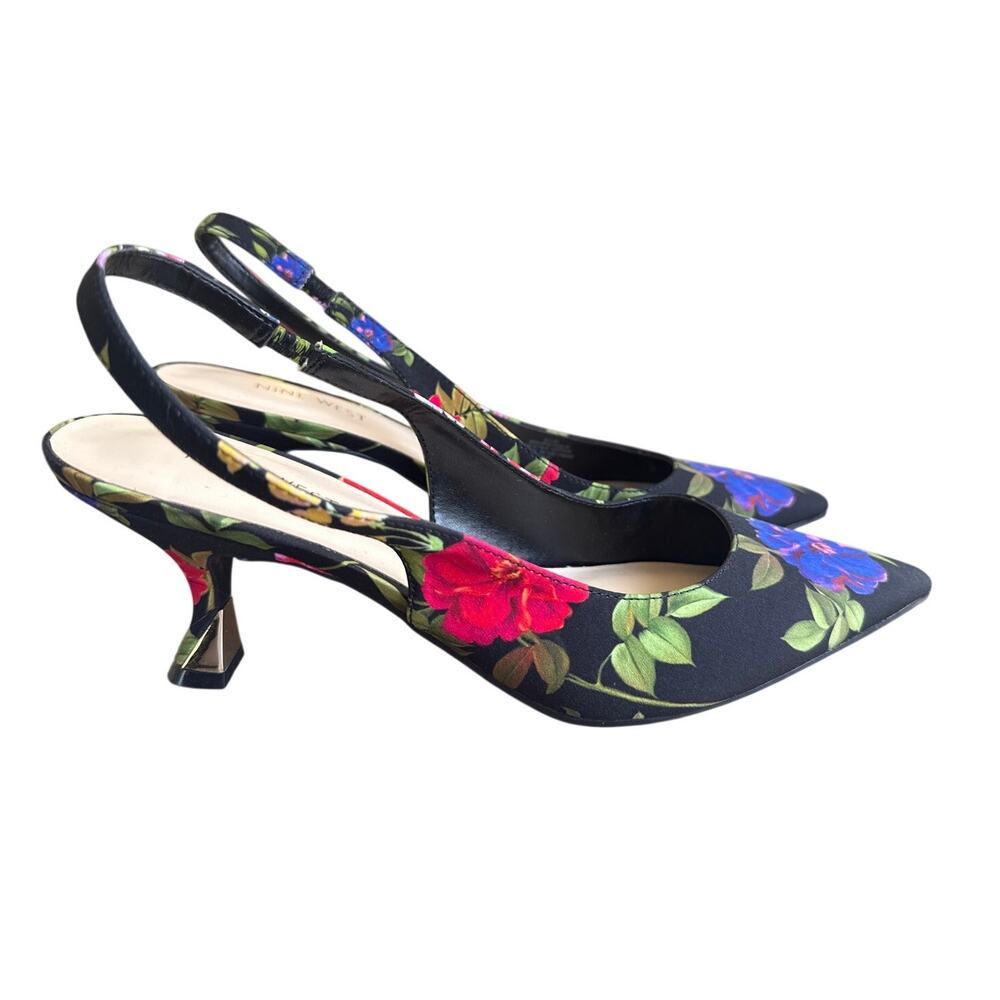 Nine West Floral Kitten Heel Slingback Heels Size 8.5